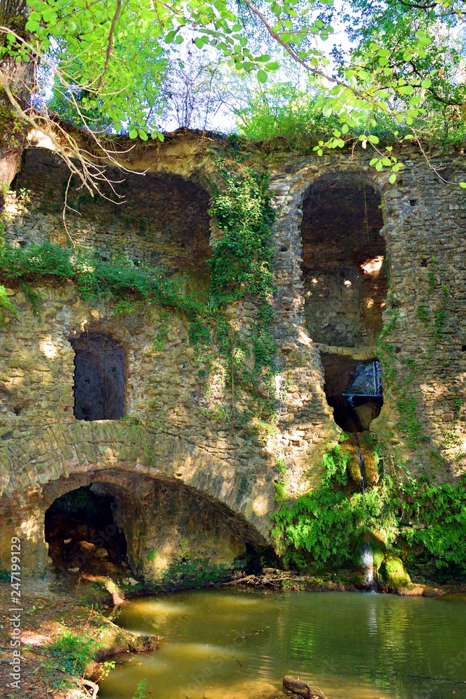 vecchio rudere di mulino idraulico conosciuto come Il Mulinaccio di Scandicci immerso nel bosco nei pressi di San Vincenzo a Torri in provincia di Firenze, Italia