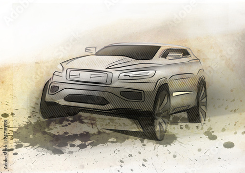 Design sporty exterior car is drawing brush color painting. Vehicle is dynamics and type off road. Sketch is sketched with lights lines and luxurious curves.