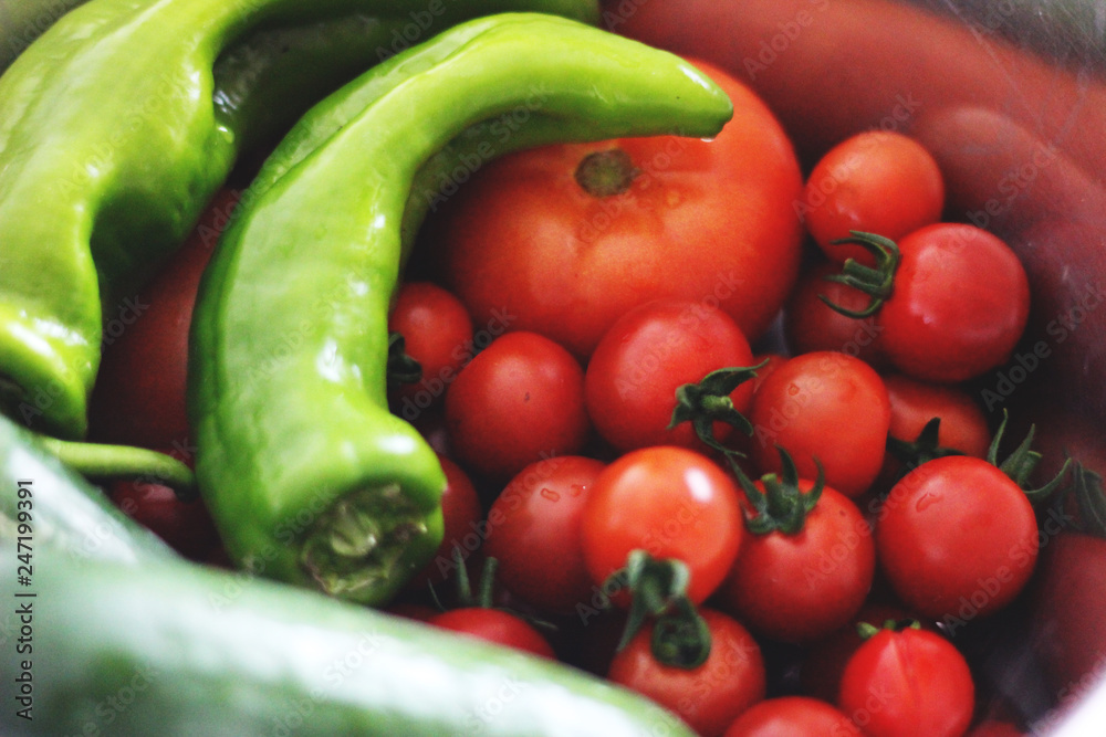 Frisch geerntetes Gemüse aus dem Garten, Paprika und Tomaten