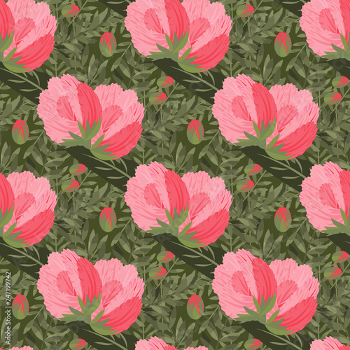 Seamless pattern. Decorated with leaves and flowers. Doodles style. for summer fabric, wrappers, covers. Easy to edit. 
