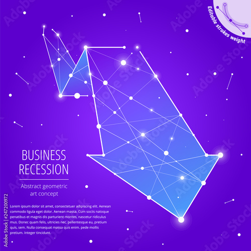 The recession and decline business geometric art concept. Flyer, brochure layout template. The downward arrow graph drawn with editable strokes weight. The falling arrow abstract vector illustration.