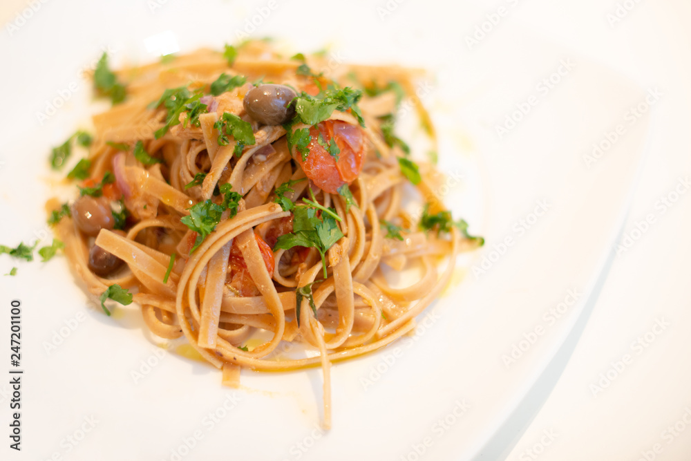 Italian Pasta with onion, tuna, and taggiasche olives