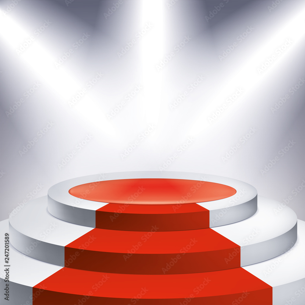 Obraz premium Illuminated podium, red carpet. Award pedestal, presentation stand, vector design object for you project