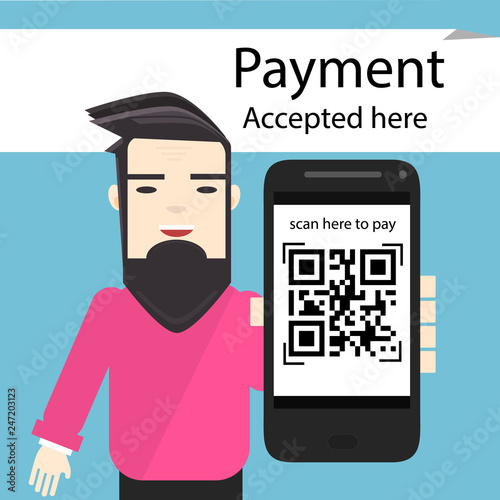 qr code payment accepted here with man shows mobile scan qr code