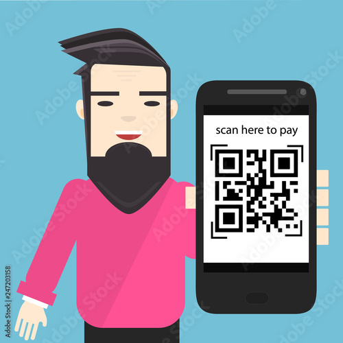 qr code payment accepted here with man shows mobile scan qr code