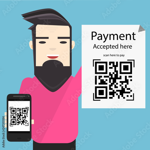 qr code payment accepted here with man shows mobile scan qr code