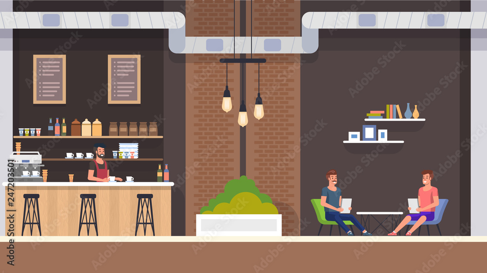 Modern Cafe Interior with Barista in Bar Counter. Happy Guy Company Sitting at Table and Hold Menu. Friends Meeting at Restaurant, Order Cappuchino or Tea and Bakery. People Character Illustration.