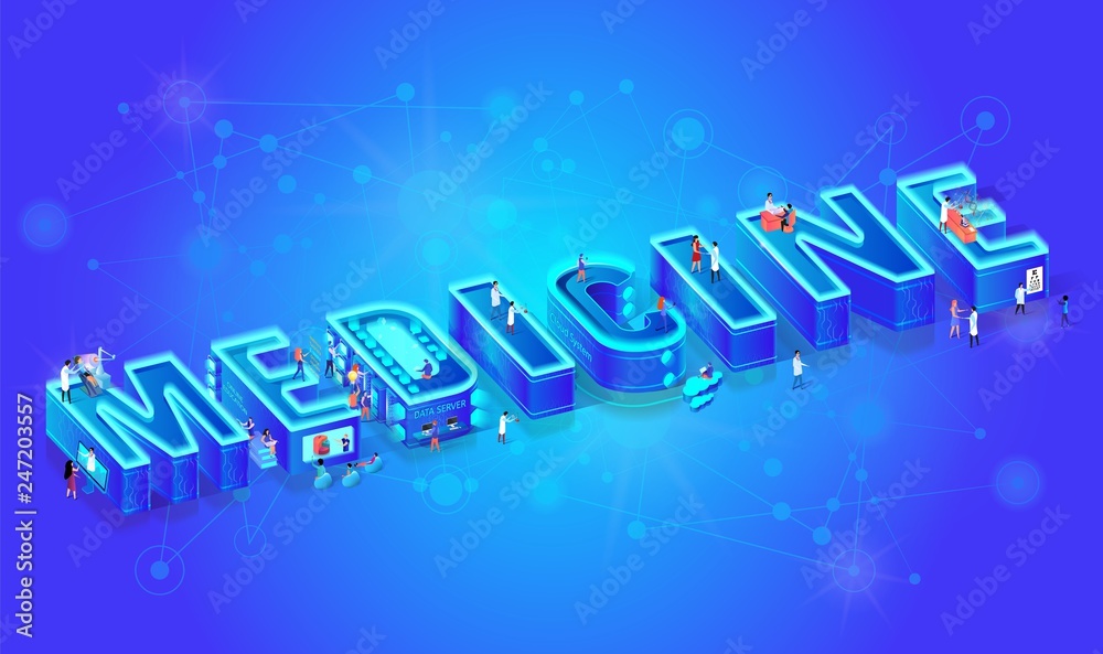 3d Neon Isometric Word Medcine. Flat Characters. 3d Neon Isometric Word Medcine. Flat Characters.