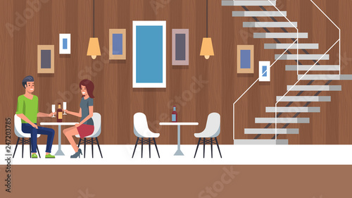 Romantic Date at Restaurant Interior Place. Two People in Love Relatioship Sitting and Talking after Engagement. Beauty Girl with Boyfriend Flirting at Indoor Hotel Cafe. Happy Dating Illustration.