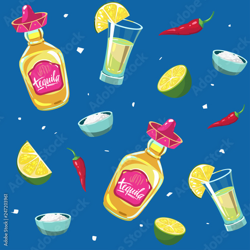 Seamless pattern with tequila, shot, lime. Vector illustration