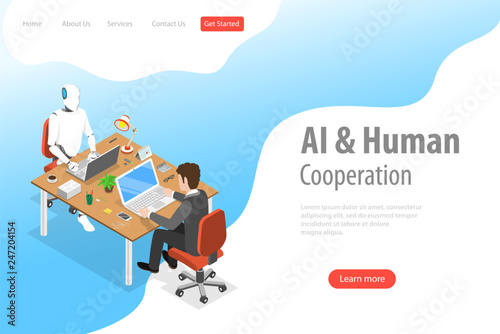 Flat isometric vector landing page template of robot and human cooperation, AI future, artificial intelligence, business automation.