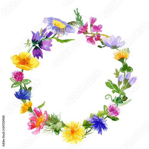 Wreath with watercolor wild flowers on white