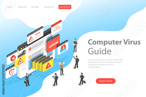 Isometric flat vector landing pate template of computer virus, alert notification, hacking, cyber security, fraud internet error.