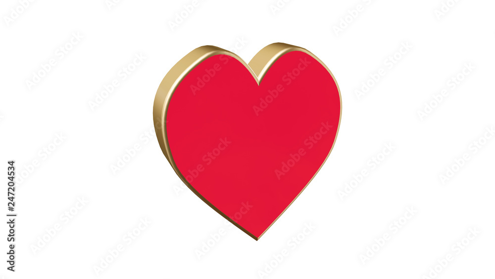 Golden heart on white background. Valentine's symbol. 3d rendering of heart from gold