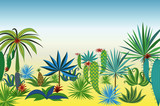 Landscape with different tropical plants and trees. Vector illustration.