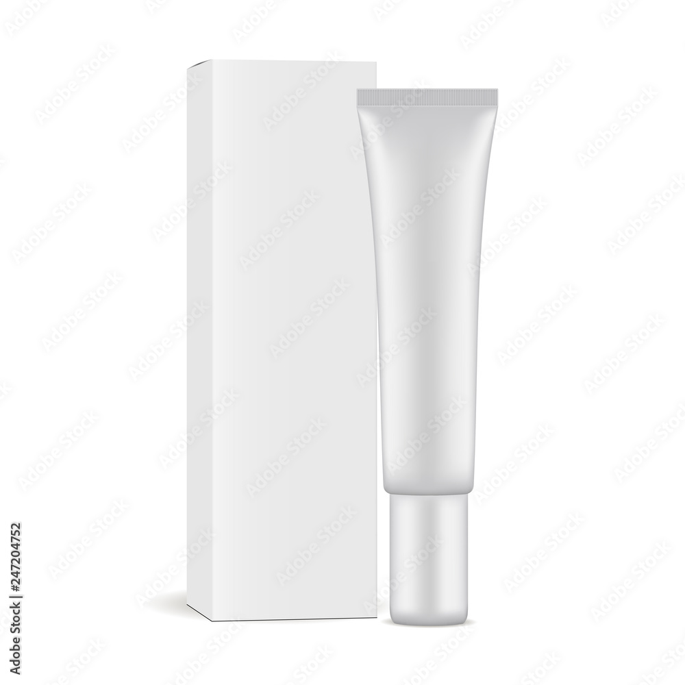 Plastic cosmetic tube with paper box mockup isolated on white background. Vector illustration