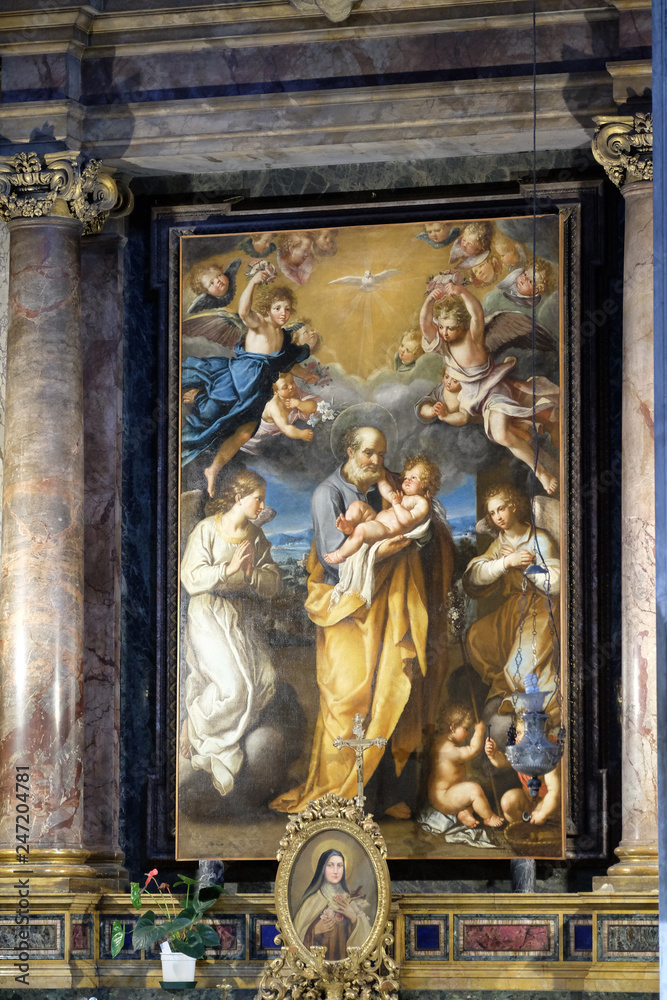 St Joseph with baby Jesus altarpiece by Francesco Cozza in Chapel Chapel of St Joseph, Basilica di Sant Andrea delle Fratte, Rome, Italy 