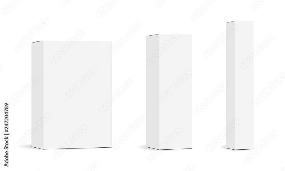 Set of paper rectangular packaging boxes mockups isolated on white background. Vector illustration - obrazy, fototapety, plakaty 