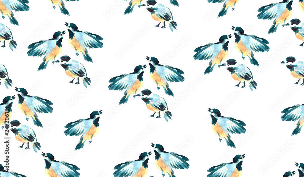 Obraz premium Watercolor tit birds illustration. Hand painted seamless pattern. Wild animals.