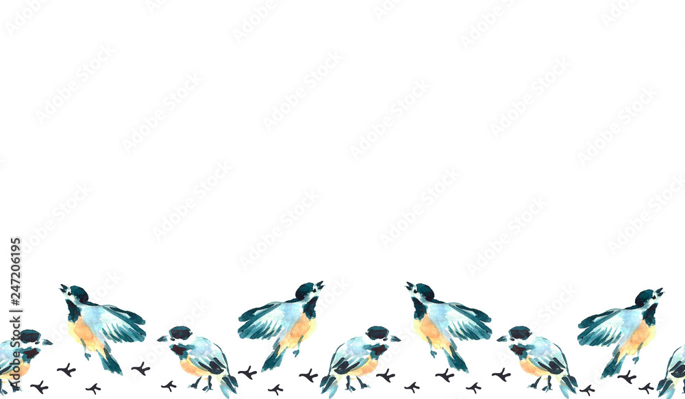 Fototapeta premium Watercolor tit birds illustration. Hand painted seamless border. Wild animals.