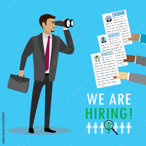 Businessman with binoculars hiring new staff and candidate hands with resume