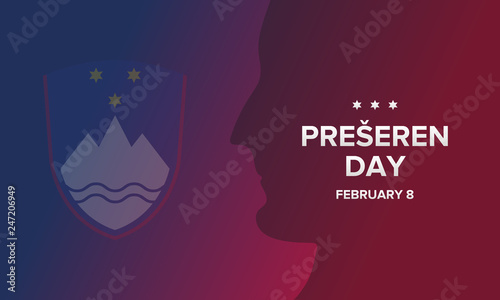 Preseren Day in Slovenia. Public national holiday in Slovenia. Anniversary of the death of the poet France Preseren. Culture and history. Poster, banner or background
