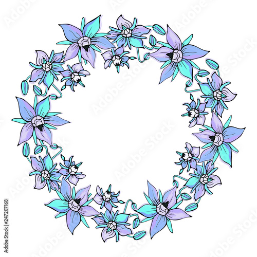 Abstract round wreath from borage on white. Hand-drawn floral frame for cards  banners  flyers. Blue violet flowers template. Vector  illustration