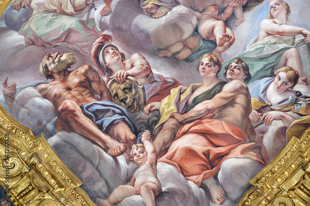 Fresco of virtues on the little cupola of side nave in Basilica dei Santi Ambrogio e Carlo al Corso, Rome, Italy 