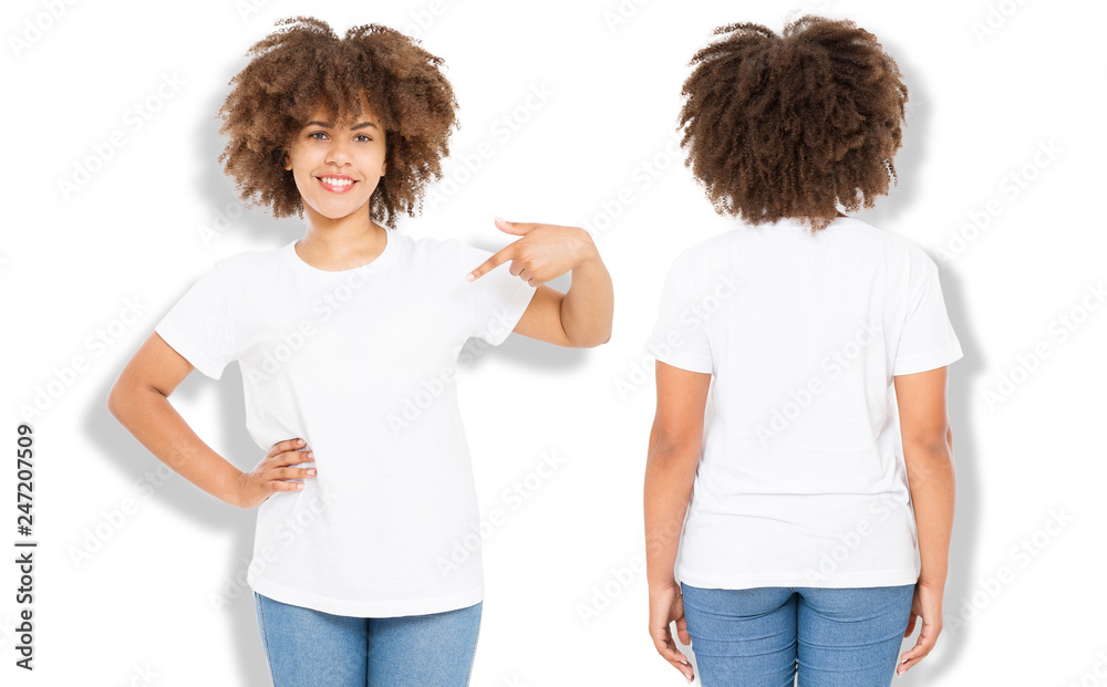 African american girl in white t shirt template and shadow on isolated wall background. Blank t shirt design. Front and back view. Mock up and copy space