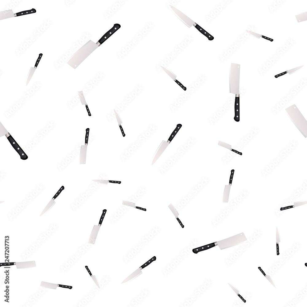Seamless pattern of kitchen knives on a white background.