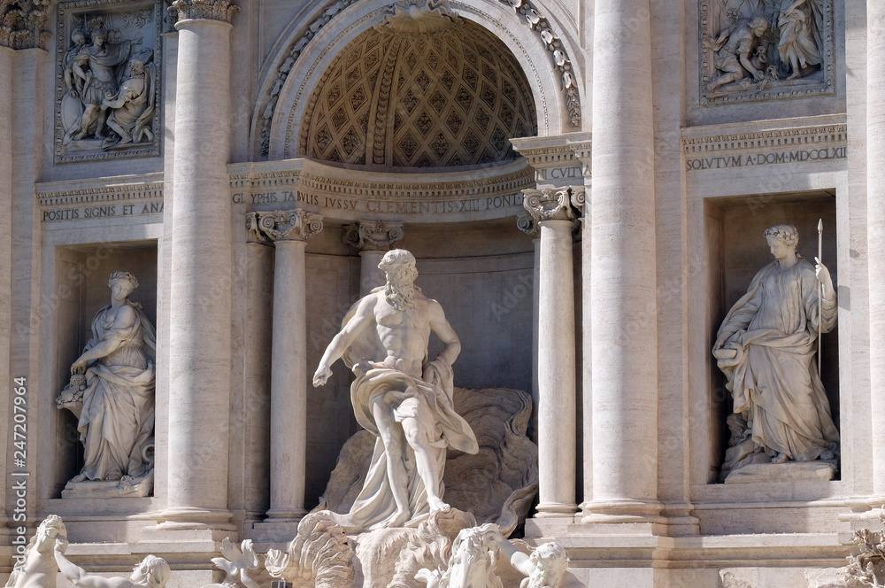 Ocean, the main statue of the Trevi Fountain in Rome. Fontana di Trevi is one of the most famous landmark in Rome, Italy 