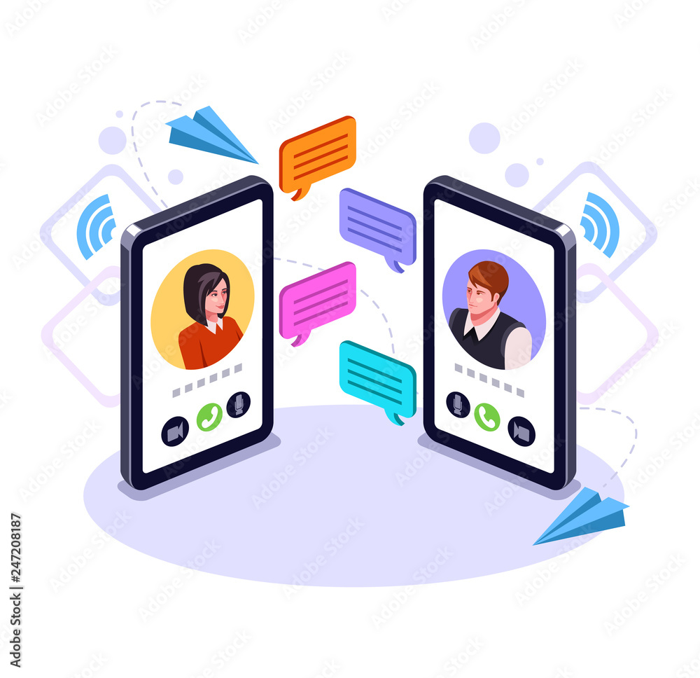Two people man and woman character talking by smart phone. Online  communication email message concept. Video call business chat. Vector flat  graphic design cartoon isolated illustration Stock Vector | Adobe Stock