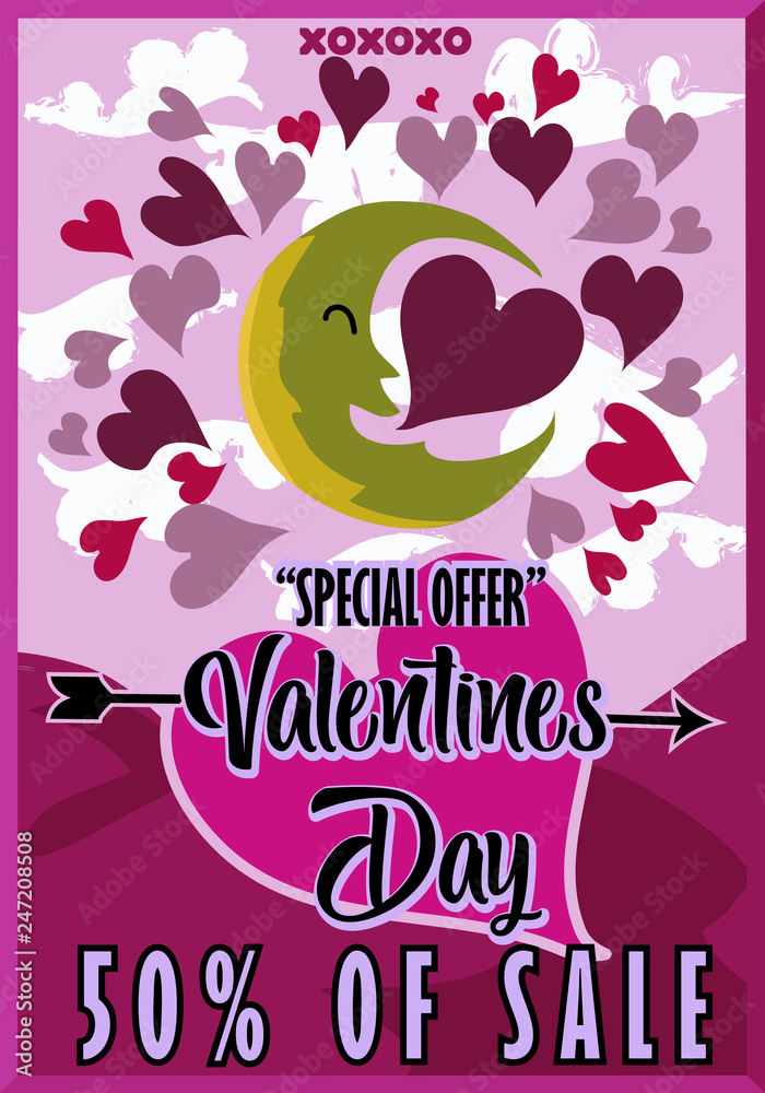 Background of Valentines Day sale banner with tree, moon and hearts and messages of valentines day. Illustrated retro style Can be used for wallpapers, brochures, invitations, posters, brochures, bann