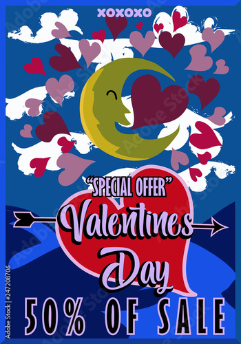 Background of Valentines Day sale banner with tree, moon and hearts and messages of valentines day. Illustrated retro style Can be used for wallpapers, brochures, invitations, posters, brochures, bann photo