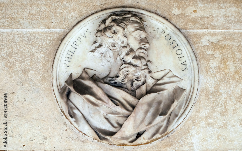 Saint Philip the Apostle, bass relief in portico of church dei Santi XII Apostoli in Rome, Italy 