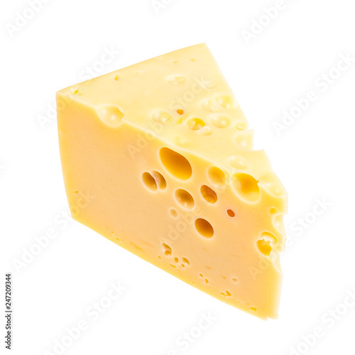 triangular piece of yellow semi-hard swiss cheese