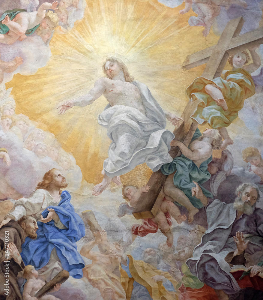 The ceiling fresco (Triumph of Franciscans order - Trionfo dell'Ordine) by Domenico Maria Muratori in church dei Santi XII Apostoli in Rome, Italy 