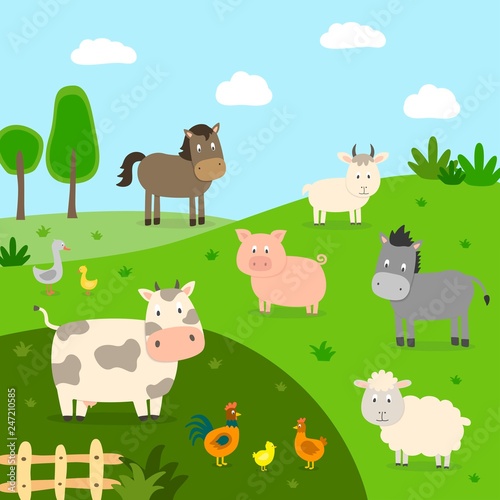 Farm animals with landscape - cow  pig  sheep  horse  rooster  chicken  donkey  hen  goose. Cute cartoon vector illustration in flat style.