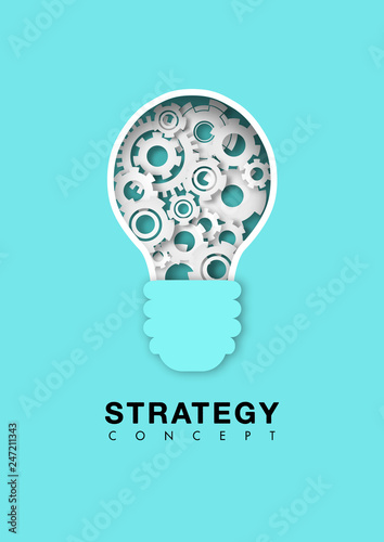 Strategy concept with light bulb gears and cogs working together, paper cut design vector