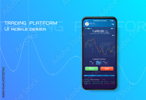 Trading mobile interface for stock exchange. Online statistics and data Analytics.Digital money market, investment, finance and trading.  Vector illustration