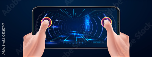  Futuristic VR Head-up Display Design. Future Technology Display Design. Vitrual Reality in HUD UI style. User Hands Controls Abstract Tech Elements Virtual Digital Dashboard
