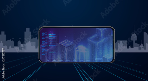 	  Use Virtual Reality Modeling Software Application. 3d polygonal City, future, futuristic concept, metropolis for Vr glasses,