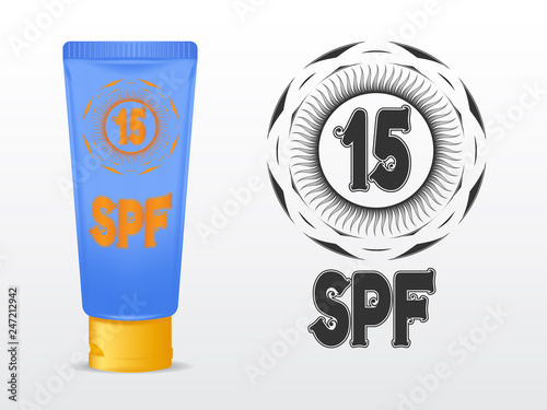 realistic vector template sunscreen in blue tube with yellow cap. SPF 15 sign in the pattern. isolated on white background
