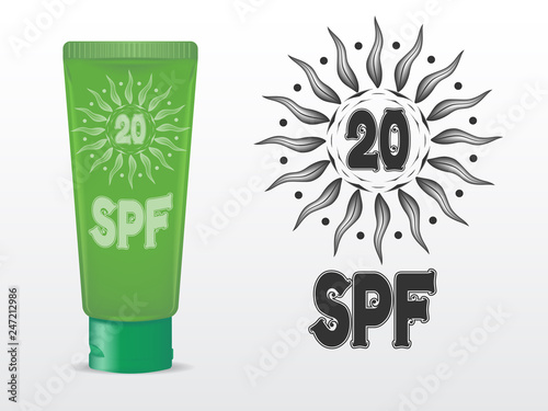 realistic vector template sunscreen in a tube of light green color with green cap. SPF 20 sign in the pattern. isolated on white background