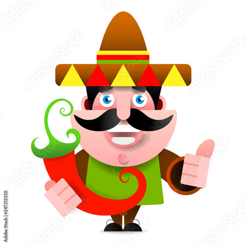 Mexican man in sombrero and poncho showing okey sign, Colorful drawing of Mexican man in traditional clothes. Vector