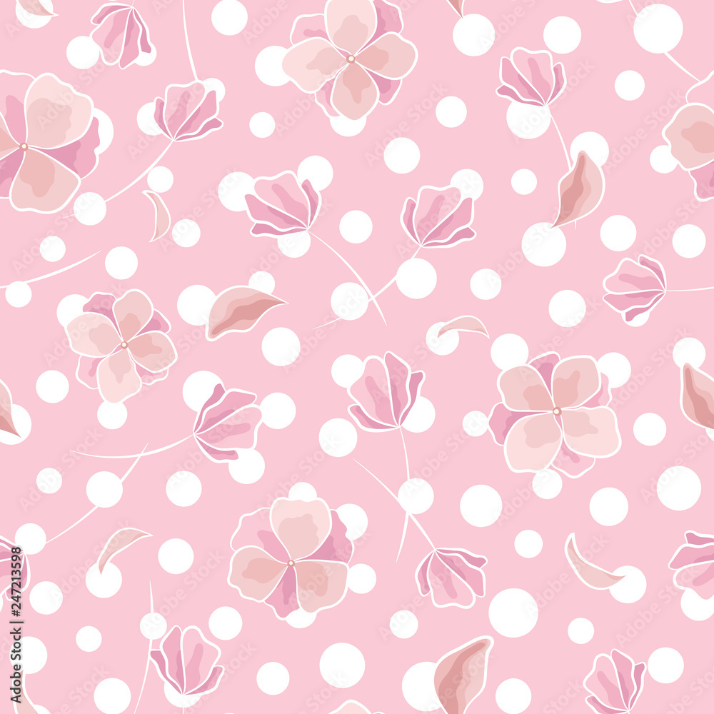 Seamless vector floral pattern with abstract hand-drawn flowers in baby-pink colors on polka dot background