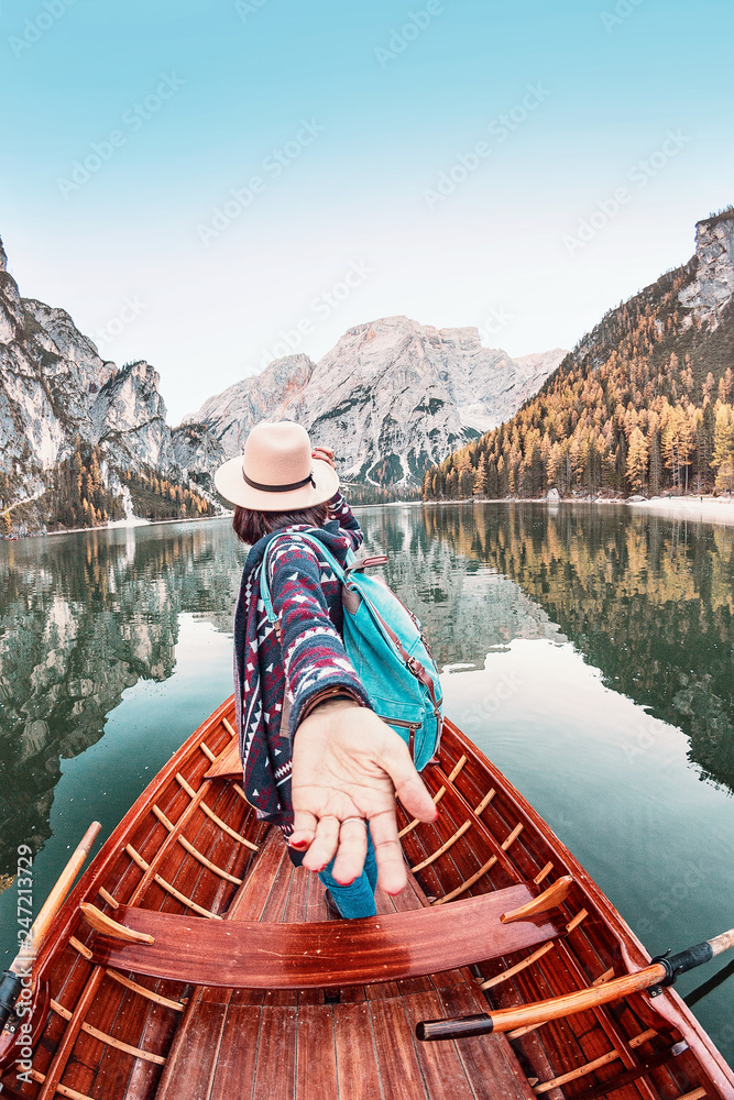 Follow me to the boat or canoe cruise tour on lago Di Braies lake in Italian Dolomites Mountains