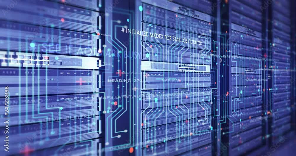 Close Up Modern Server Room Environment. Computer Racks All Around With Flying Texts. Technology Related 4K Cg Animation. Seamless Loop. Close Up Modern Server Room Environment. Computer Racks All Around With Flying Texts. Technology Related 4K Cg Animation. Seamless Loop.