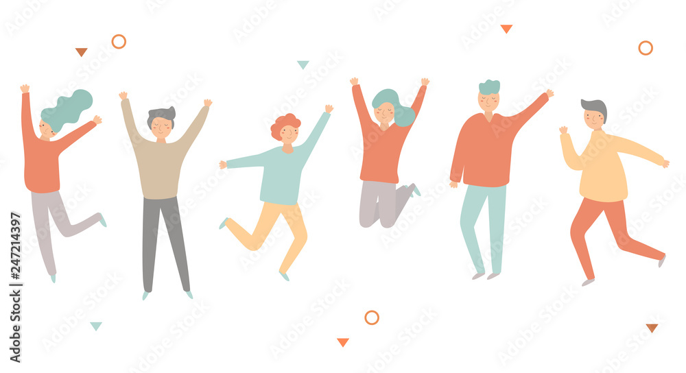 Group of happy young people jumping, dancing, running