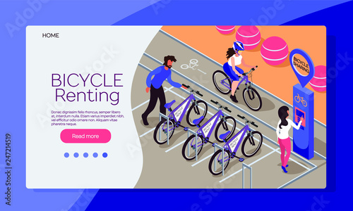 Isometric flat web page design template. Bicycle rental electronic system . Smart service for rent bicycles in the city. Man and woman take a bicycle for riding in city park. Modern illustration